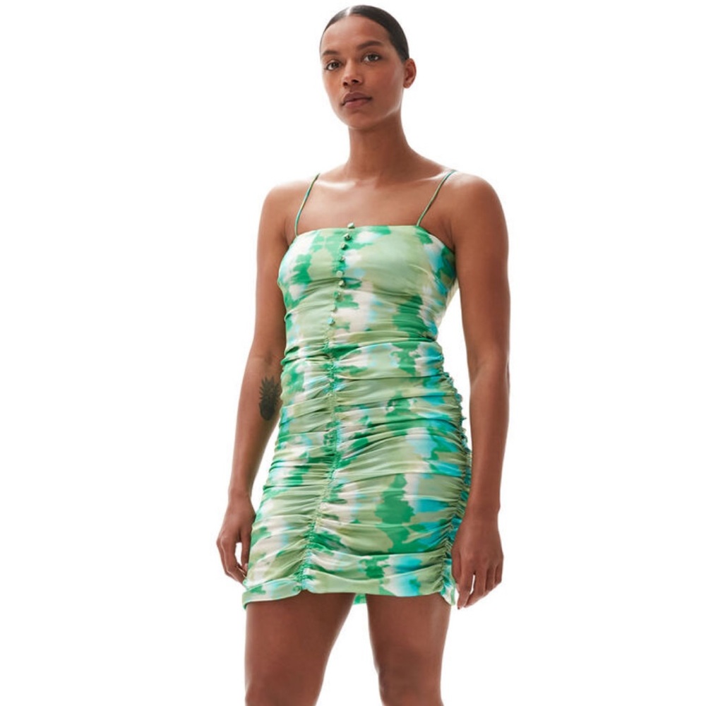 Ganni Silk Stretch Satin Ruched Mini in Lily Green SZ 34/XS NEW